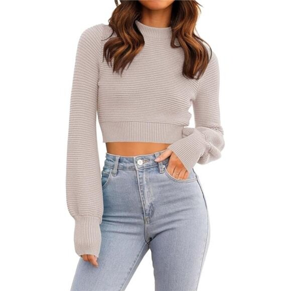 Womens Cropped Sweater Long Sleeve Mock Neck Ribbed Knit Pullover Fall Winter To - Picture 7 of 7